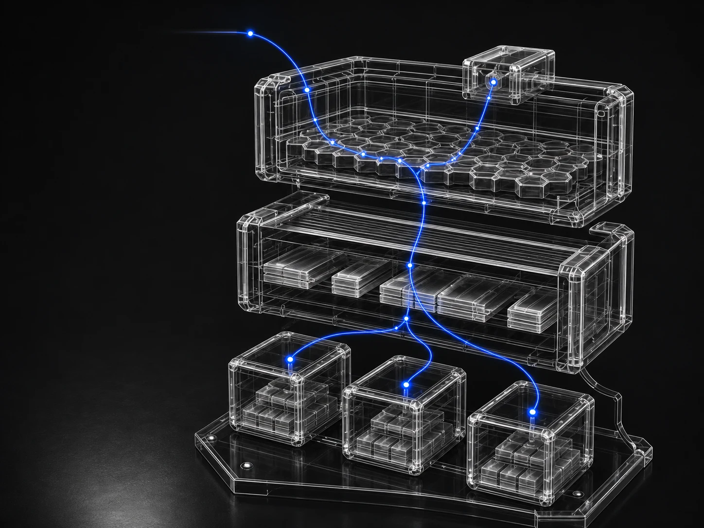 Exploded glass machine showing S2 indexing, LSM storage, and three replicated nodes